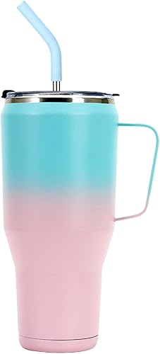 Vaso de 40 onzas con asa y pajilla, tapa 2 en 1 (pajilla  abatible), taza de viaje de acero inoxidable aislada al vacío para bebidas calientes y