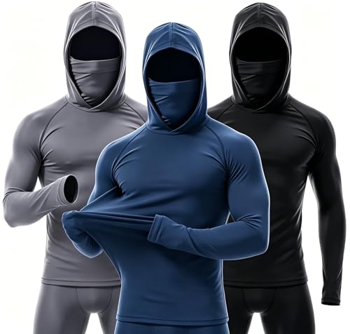 Lqugui 3 Pack Mens Hooded Long Sleeve Shirt with Face Mask UPF Sun Protection Stretch Workout Shirt for Running Cycling Fishing (US Alpha X-Large Regular Regular 3 PackLoose fit)