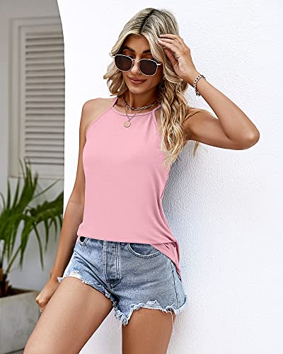 Ficerd 2 Pack Women's Halter Tops, Sleeveless Higher Neckline Tank Tops Casual Summer Strap Tee Shirts Loose Fit Camisoles (White, Pink, Small) #TOP6