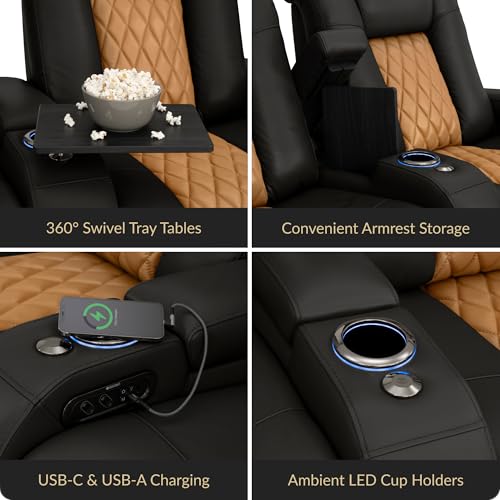 Image of Seatcraft Diamante Black /Tan Oak Italian Leather Home Theater Seating, Zero Gravity Power Recliner, Gaming and Home Office Chair, Powered Headrest Furniture for Family Cinema Room, Row of 4 Sofa