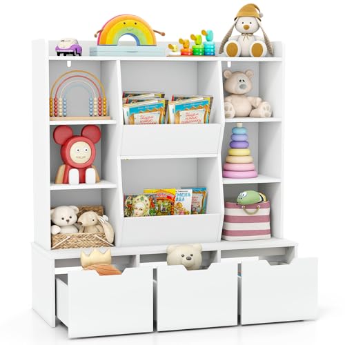 HONEY JOY Kids Toy Storage Organizer, 47” Wooden Bookcase w/ 3 Movable Drawers on Wheels, 8 Cubbies, Floor Storage Cabinet Toy Chest, Kids Display Bookshelf for Classroom, Playroom & Nursery, White