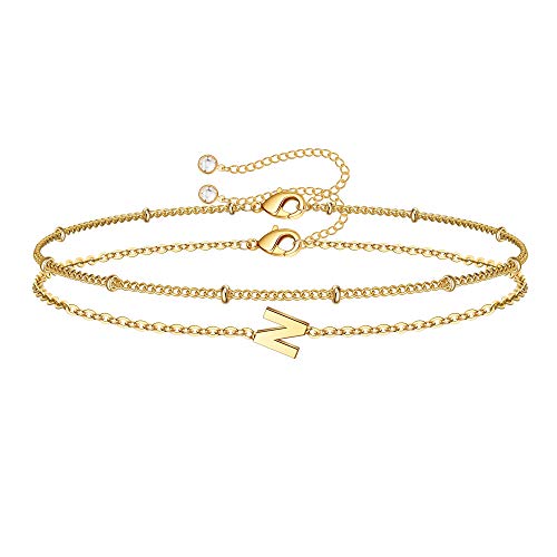 Image of M MOOHAM Valentines Day Gifts for Her Women - Layered Initial Bracelets Gift Letter A-Z Charm, Dainty 14K Gold Plated Initial Bracelets for Women Teen Girls Birthday Jewelry Gifts