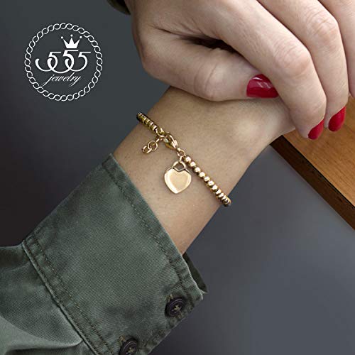 555Jewelry Womens Stainless Steel Metal Love Heart Pendant Charm Beaded Ball Delicate Adjustable Delicate Cute Fashion Girls Gift Bangle Accessory Jewelry Link Bracelet, Yellow Gold #TOP1