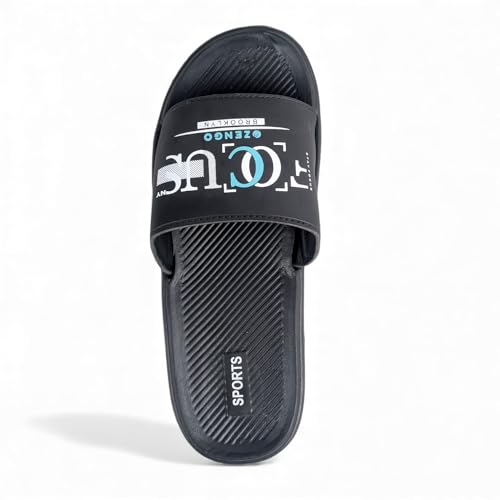 Image of Ovee slide Slip-On Sandals, Black, Textured Footbed with Logo Strap
