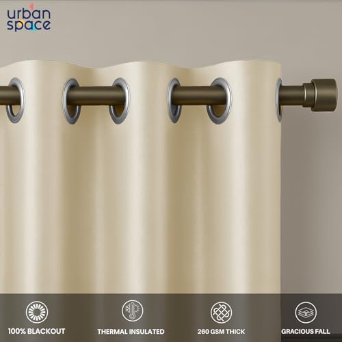 Image of Urban Space 100% True Blackout Curtains for Window, Gold Foil Printed Blackout Curtains, Blackout Decorative Window Curtain Eyelet with Tieback, 1 Piece Curtain for Living Room(Aurika Beige, 5 Feet)