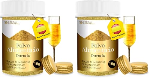 Detox Organica-Polvo Oro Comestible Repostería 10g- Polvo Dorado para Decorar Tartas y Bebidas – Edible Glitter for Drinks – Purpurina Comestible-Sin Gluten, Vegano (Paquete de 2)
