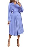 PRETTYGARDEN Women's Spring Midi Dress Long Puff Sleeve Wrap V Neck Flowy Ruffle Pleated Casual Fall Dresses (Blue,Large)