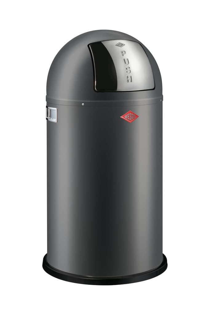 WESCO Pushboy Mülleimer in der Farbe graphit matt, pulverbeschichtetes Stahlblech, 50 Liter Volumen, große Edelstahlklappe, herausnehmbarer Innenbehälter