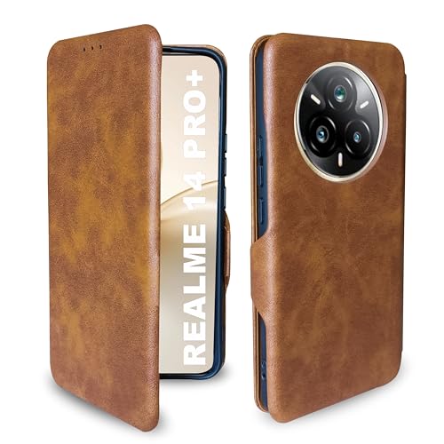 Image of Premium Vegan Leather Phone Cover with Card Slot - Slim, Durable, Privacy Protection, Kickstand Function, Elegant Flip Wallet Cases Compatible for Realme 14 Pro Plus 5G (Brown)