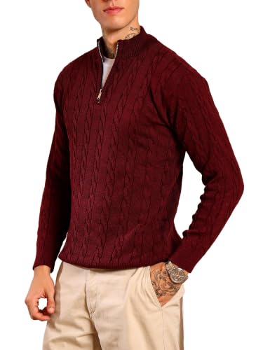 Image of Kvetoo Men's Wool High Neck Zipper Sweater, Full Sleeve Cable Knit Quarter Zip Winter Pullover