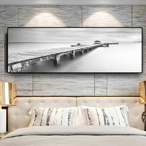 Peinture paysage noir et blanc Méditerranée | Déco murale salon 30x90