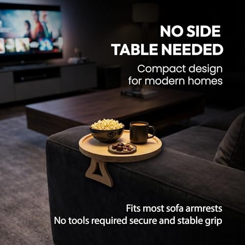Image of Questsole Home Round Sofa Armrest Tray - 10 Inch Bamboo Clip-On Couch Table for Coffee Snacks Remote & Phone with Adjustable Arm Clamp