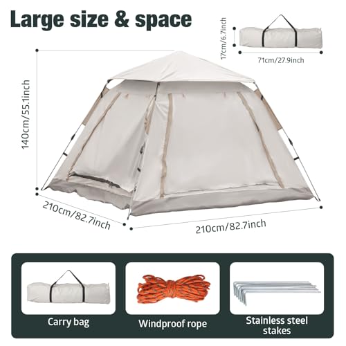 Putentfun Pop Up Camping Tent with Awning,Automatic Pop Up Tent for 3-4 Person,Four Sided Ventilation & UV Protection Instant Portable Dome Tents For Beach, Hiking, Camping, Outdoor Use - Image 2
