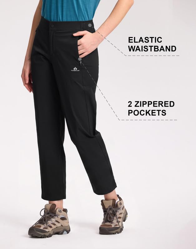 Pioneer Camp Wanderhose Damen Outdoorhose 7/8 Länge mit UPF50+ Sonnenschutz, Schnelltrocknend und Stretch, Elastischer Bund, 2 Reißverschlusstaschen, für Sommer Trekking Camping Reisen(Black;M)