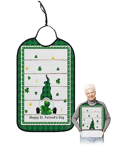 St. Patrick's Day Adult Bibs for Eating, Waterproof Bibs with Food Catcher & Adjustable Snap Closure, Green Buffalo Plaid Board Gnomes Clover Gold on Wood Clothing Protectors Adult Bibs for Elderly