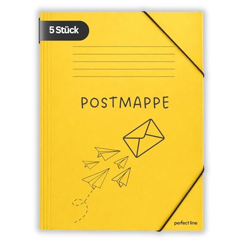 perfect line - 5 Postmappen - Gelb DIN A4 mit Gummizug - 350g/m Colorkarton aus recyceltem Material - Blauer Engel zertifiziert - Eckspannmappe ideal für Schule & Büro