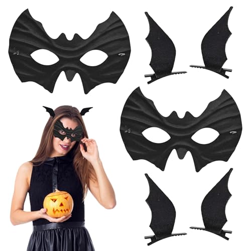 SUBRINGE Máscara de Murciélago, Horquillas de Murciélago, 2 Piezas Máscara Horquillas de Murciélago Negra, Accesorios de Disfraces para Halloween Mascarada Cosplay Fiesta Carnaval