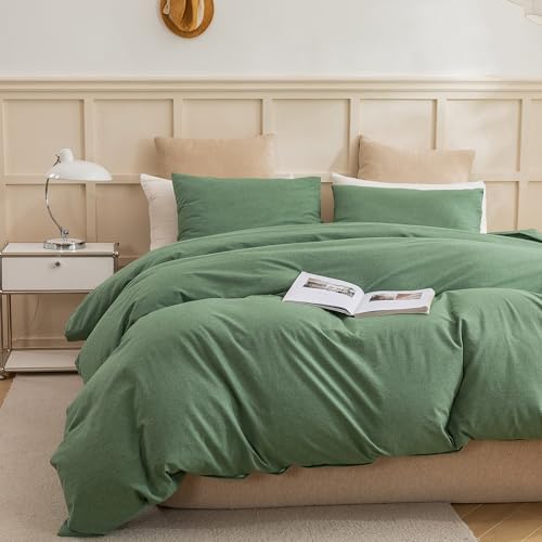 Image of ECOCOTT Sage Green Duvet Cover Full Size, 100% Washed Cotton 3-Piece Bedding Set - Ultra Soft, Breathable & Easy Care with Zipper Closure and 2 Pillowcases (No Comforter)