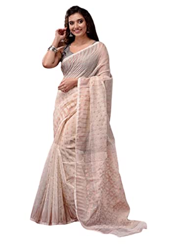 Sari Dhakai Jamdani en coton indien tissé main de couleur écru de 5.5 mètres pour femme
