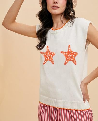 Image of Women Graphic Sweater Vest Y2k Sleeveless Lobster Pullover Top Crew Neck Lightweight Fall Knit Tank Top (Star Orange,S)