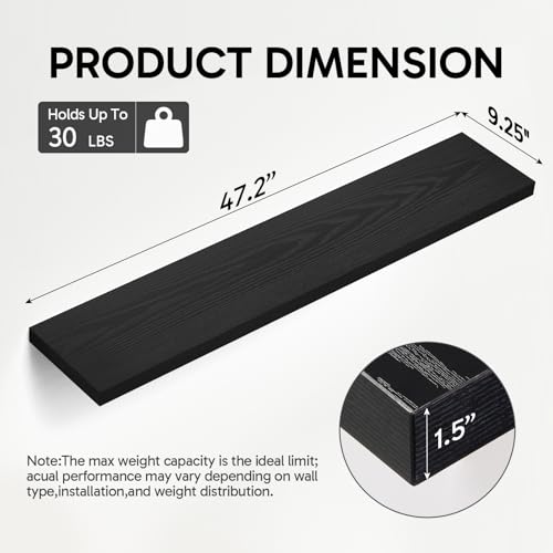 Image of BAYKA Floating Shelves, 47.2 inches Long Heavy Duty Wall Mounted Rustic Wood Shelves for Bathroom, Bedroom, Living Room, Kitchen, Office, Hanging Shelf for Books /Storage /Decor(Black,Set of 2)