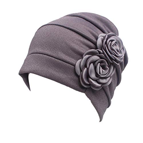 Gorro de quimioterapia preatado para mujer, turbante con flores laterales, Doble flor gris, 5 7/8-6 1/8