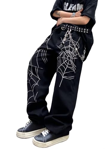 DFGIGT Mens Hip-hop Embroidered Baggy Jeans Loose Fit Denim Black Trousers Distressed Straight Leg Relaxed Fit 2000s Extreme Motion Skater Street Spiderweb Spider Web Halloween E10 Black Medium