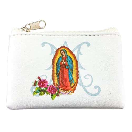 Needzo Our Lady of Guadalupe White Leatherette Rosary Pouch with Zipper Closure, Neutral Travel Cases and Pouches for Rosaries, 3.25 Inches