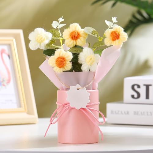 Image of Artificial Crochet Flower Bouquet Handmade Cotton Flowers Bunch for Home Decor, Gift for Girls, Wedding, Festival Decoration, Long Lasting Floral Arrangement (Flower Pot (Yellow))