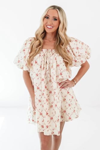 Image of Women Y2k Puff Sleeve Babydoll Dresses Square Neck Tie Back Mini Dress Summer Solid Off Shoulder Flowy Sundress