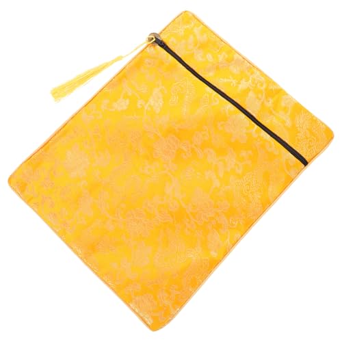 CIYODO シルク製ブックポーチ 収納ケース 書籍 経典 手帳用 ポーチオーガナイザー 衣類 文書収納 イエロー 刺繍デザイン 携帯便利 ハンドル付き