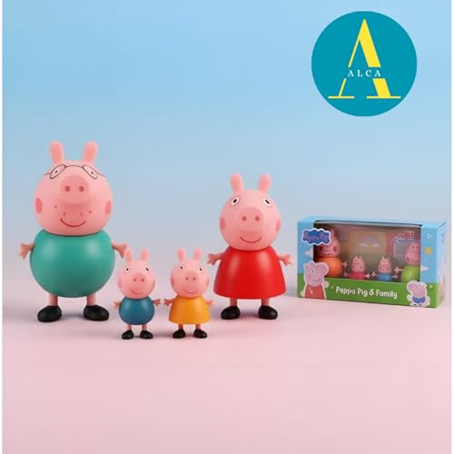 Image of ALCA Peppa Pig Family Toys Set of 4 - George, Mummy Pig, Daddy Pig & Grandparents | Movable Cartoon Figures Dollhouse & Car Play Set | Kids Toy for Boys & Girls 2+ Years | Birthday Return Gift