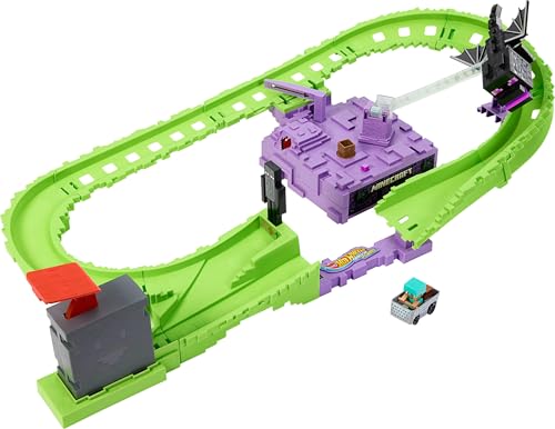 Image of Hot Wheels Toy Car Track Set, RacerVerse Minecraft Playset & Die-Cast Diamond Armor Steve in Minecart Vehicle, Launch & Race to Defeat Ender Dragon