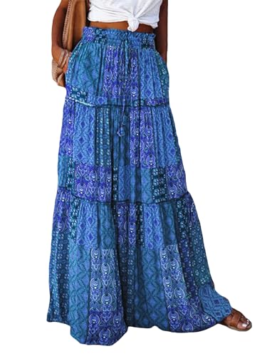 Womens Boho Print Tiered Long Skirts Vintage Elastic High Waist Pleated Ruffle Flowy Maxi Skirt with Pockets