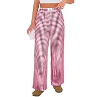 ANRABESS Calça boxer feminina listrada de pijama 2025 com bolsos, Xadrez vermelho e branco, P