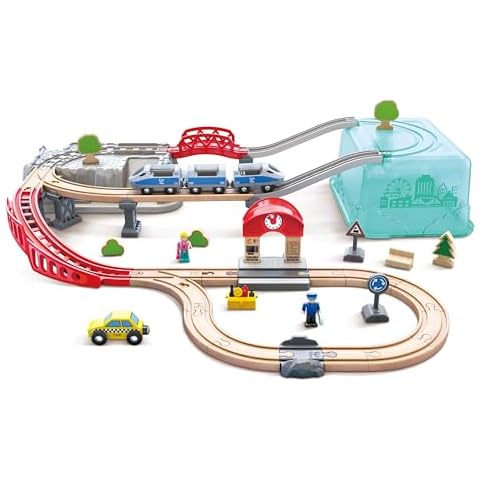 Hape City Railway and Train Bucket Set Toy with Hoisting Magnetic Crane for Trains, Trucks, and Cargo for Kids Ages 3 and Up, Multicolor Cover
