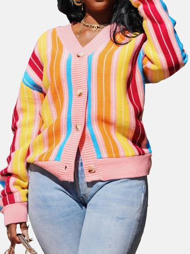 Women’s Striped Knit Cardigan Colorful Button Down V Neck Long Sleeve Rainbow Cardigan Sweaters3