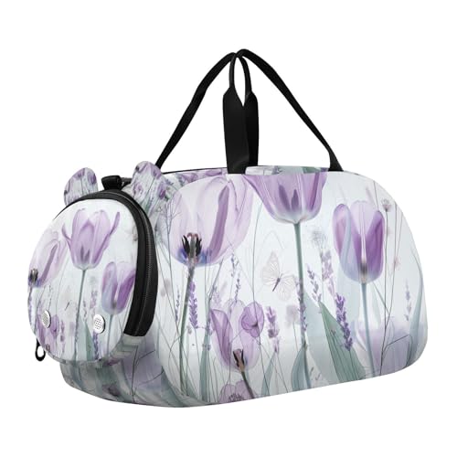 Duffle Bag for Boys or Girls with Shoes Compartment, Purple Tulips Flowers Pastel Sports Travel Bag Overnight