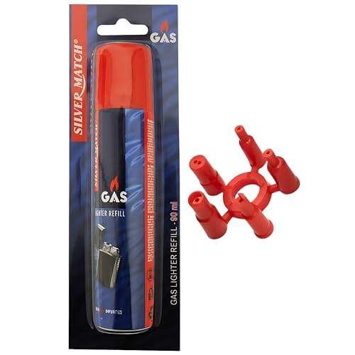 Silver Match Recharge de Gaz 90 ML pour Briquet et Chalumeau de Cuisine, Blister, Gaz Butane Premium Pur, 5 Adaptateurs, Compatible Briquet Classique, Tempête,...