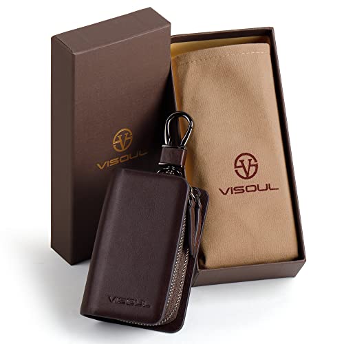 Image of VISOUL Car Key Case Holder Double Zipper, Leather Car Smart Key Fob Case with Keychain for Men and Women