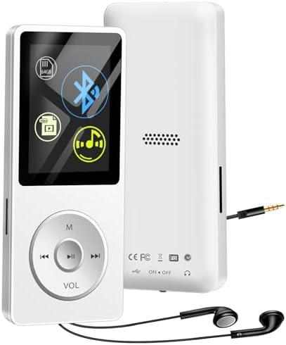 64GB MP3 Player with Bluetooth, Portable HiFi Lossless MP3 Music Players with HD Speaker, FM Radio, Video, Voice Recorder, Alarm Clock Function, Including Earphones, Supports Random Playback