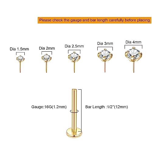 Image of Oveta Threadless Nose Stud Stainless Steel 20G 18G 16G Threadless Flat Back Tragus Earrings Labret Medusa Monroe Ashely Lip Piercing Jewerly Gold