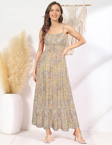 Image of GRACE KARIN Summer Dresses for Women 2026 Vacation,Smocked Floral Maxi Dress,Boho Beach Sundress with Pocket Fashion Clothing