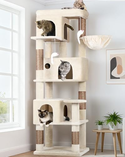 Globlazer Kratzbaum Beige Stabil Passform Ecke hoch 168 cm mit 3 Katzenhäus Große Gepolsterte Plattform 5 Sisal Kratzsäulen Korb Katzenspielzeug Katzenbaum für 3-4 Erwachsene Katzen (F66 Beige)