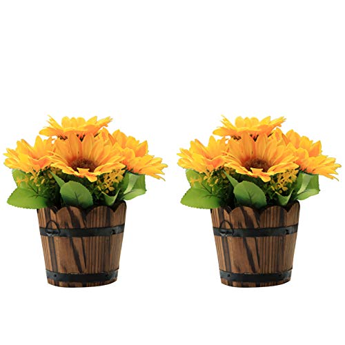 Flikool 2pcs Girasol Artificial de Seda con Jarrón Flores Decorativas con Barril de Madera 7 Cabezas Arreglos Florales Bonsai Plantas Flores Artificiales en Maceta para Balcón Hogar Oficina Boda Cover