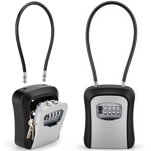OWLKELA キーボックス ダイヤル式 長い37ｃｍワイヤー式 セキュリティキーボックス 鍵 ボックス 屋外 ４桁暗証番号 ボックスキー 防水 大容量 防犯 盗難防止 玄関・事務所・倉庫・家庭用 （ブラック＆グレー）