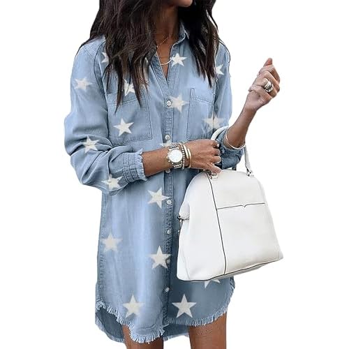 Zilcremo Women Denim Shirt Dresses Long Sleeve Distressed Jean Dress Button Down Casual Tunic Top Medium Bluestar