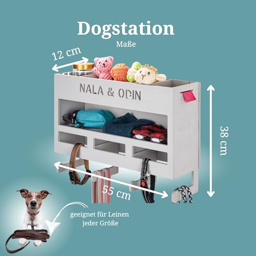 INEXTERIOR – Hundegarderobe XXL personalisierbar mit Ablage & Leinenhalter in Grau - Hundezubehör Dogstation für Hundeleinen, Spielzeug & Leckerlis aus Birkenholz - Mit Kotbeutelspender & Montagekit