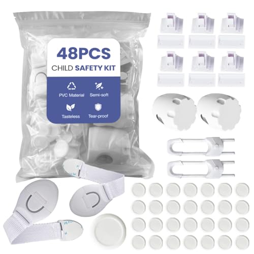 48-Pack Baby Proofing Kit, Child Safety Locks for Cabinet & Drawer, Outlet Covers, U-Shaped Locks & Door Knob Safety Covers, Complete Baby Protection for Home, Kitchen & Bathroom