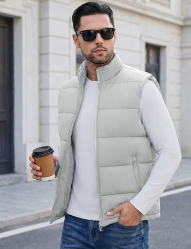 Image of WHN Men's Casual Puffer Vest Lightweight Full Zip Up Work Sleeveless Jacket Stand Collar Outerwear with 3 Pockets